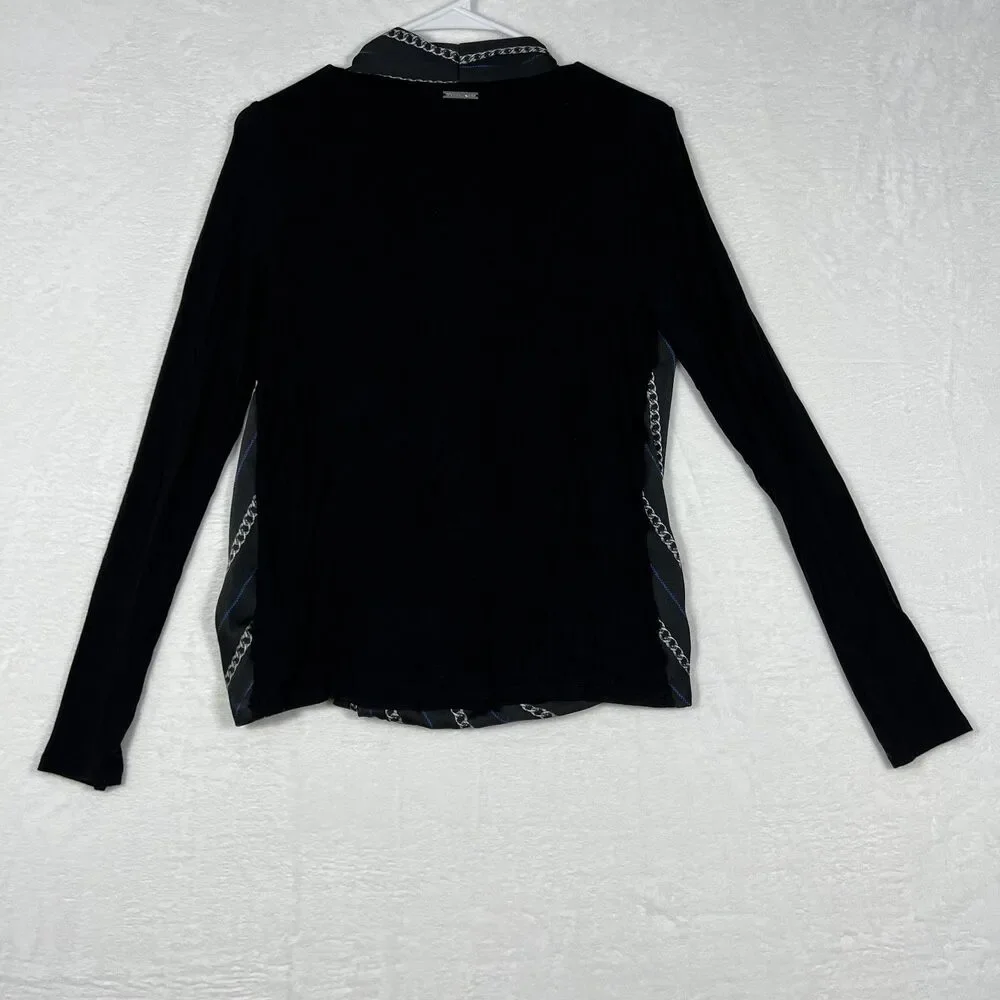 Michael Michael Kors Women's Wrap Top Small Black Chain Print Long Sleeve Blouse